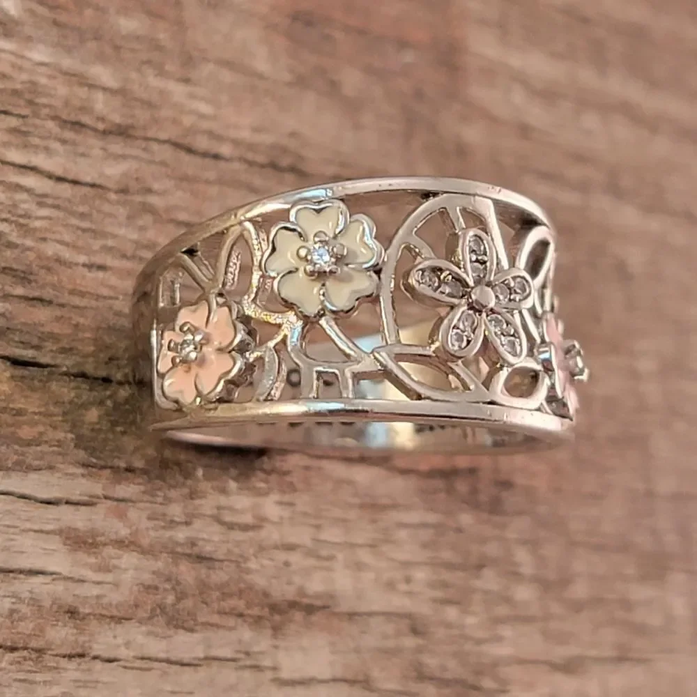 Sterling Openwork CZ Enamel Flowers Ring